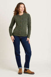 A model wearing the Rib Stitch Classic Cardigan in colour Green (Green), from the front, showing the whole outfit