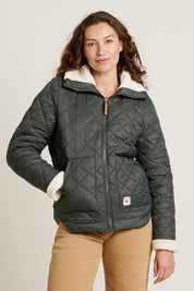 A model wearing the Fortunes Reversible Jacket in colour Multi (Green), from the front, cropped image