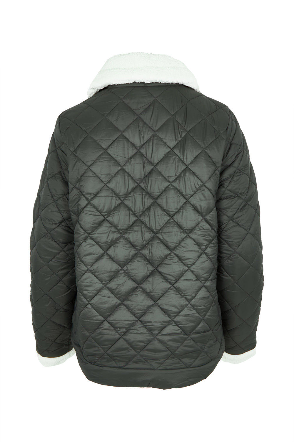 Product shot of the Fortunes Reversible Jacket in colour Multi (Green), from the back