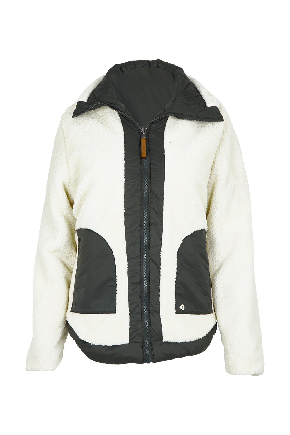 Product shot of the Fortunes Reversible Jacket in colour Multi (Green), detail