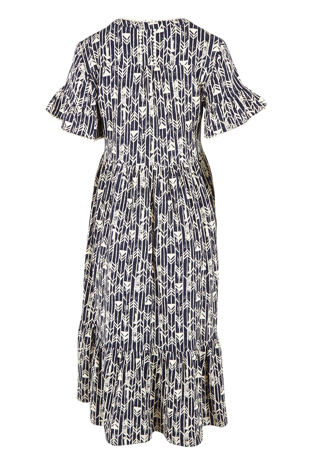 Product shot of the Arrows Cotton Midi Dress in colour Navy (Blue), from the back