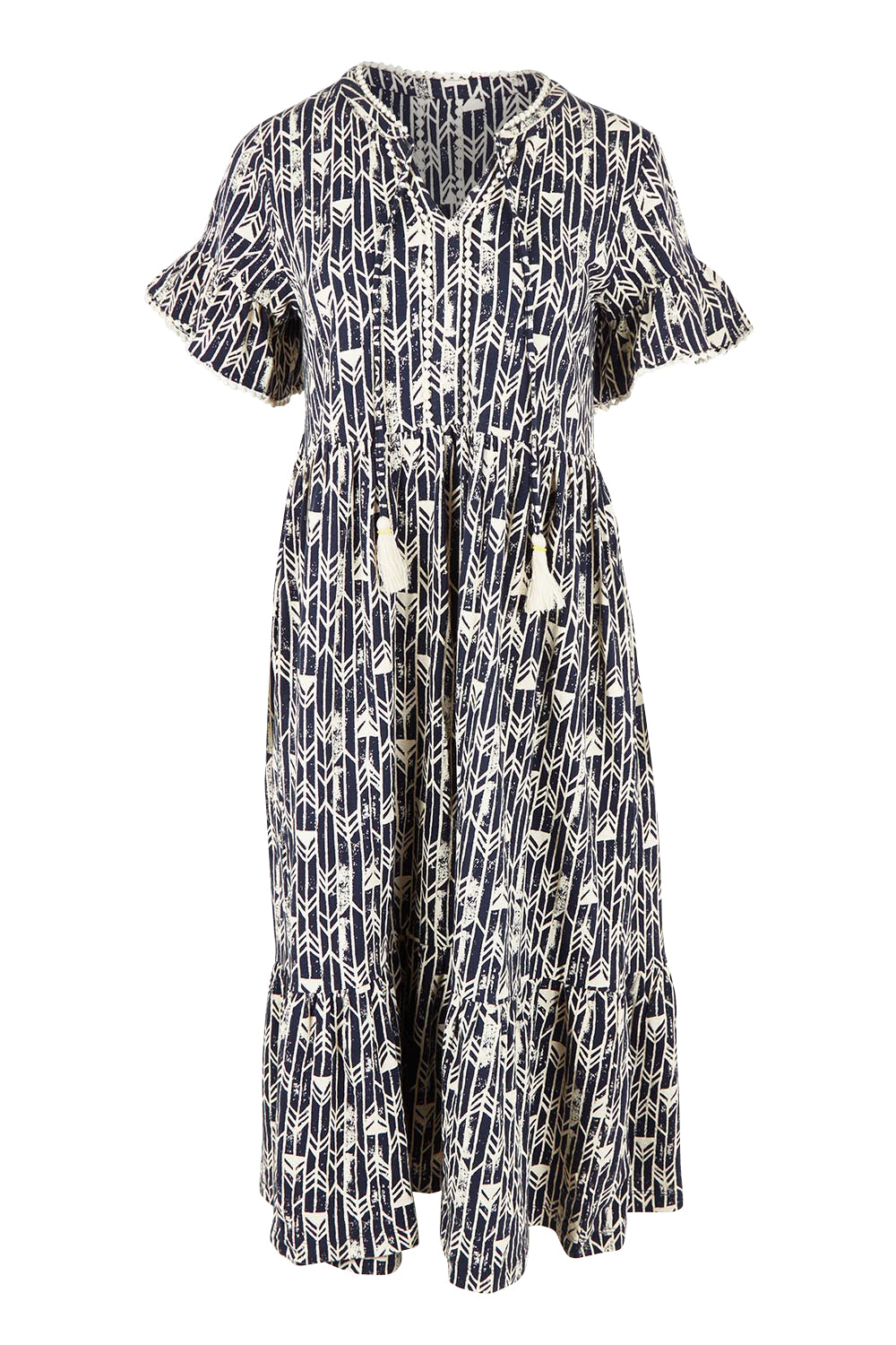 Product shot of the Arrows Cotton Midi Dress in colour Navy (Blue), from the front