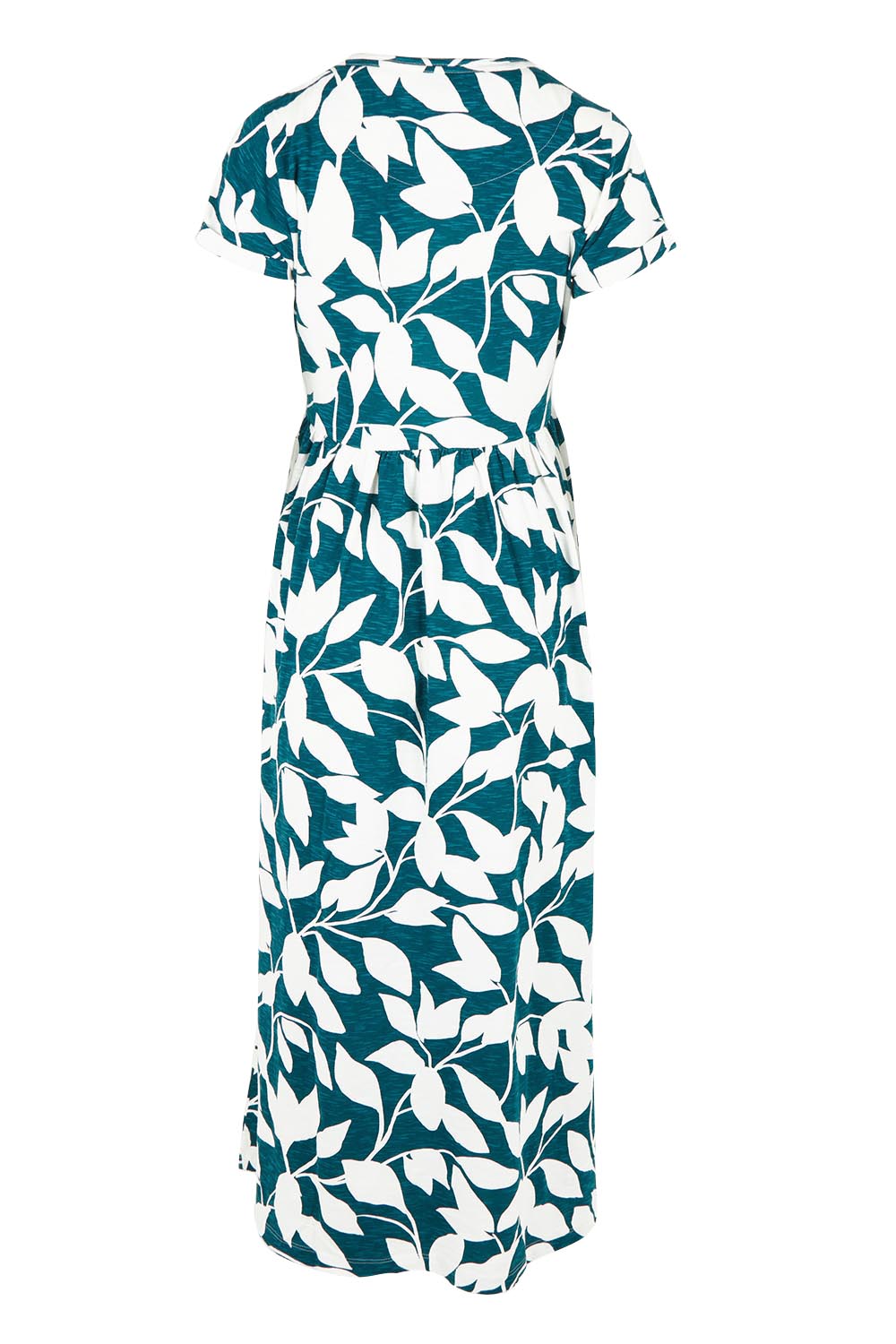 Product shot of the Woodland Leaves Maxi Cotton Jersey Dress in colour Multi (Blue), from the back