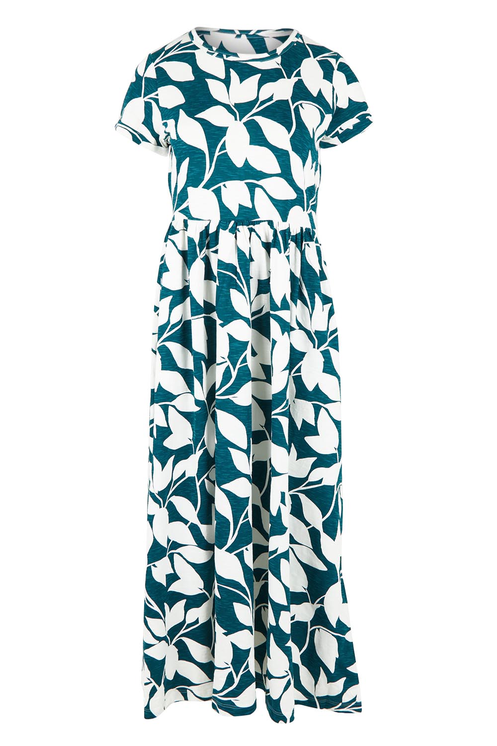 Product shot of the Woodland Leaves Maxi Cotton Jersey Dress in colour Multi (Blue), from the front