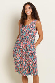 A model wearing the Millie Sleeveless Dress in colour Multi (Blue), from the front, cropped image