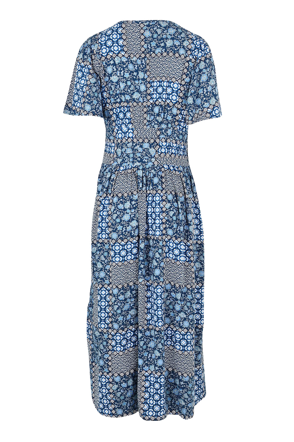 Product shot of the Folk Floral Patchwork Dress in colour Blue (Blue), from the back