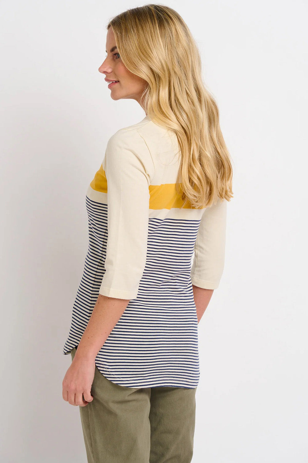 A model wearing the Beach Stripe Tee in colour Multi (Blue), from the back