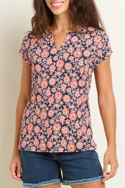 A model wearing the Boho Floral T Shirt in colour Multi (Blue), from the front, cropped image