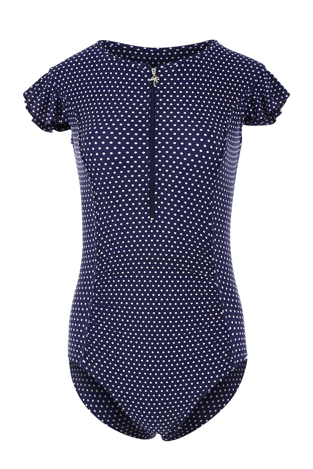 Product shot of the Dots Zip Front Panelled One Piece in colour Navy (Blue), from the front