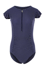 Product shot of the Dots Zip Front Panelled One Piece in colour Navy (Blue), from the front