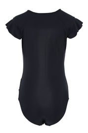 Product shot of the Zip Front One Piece in colour Black (Black), from the back