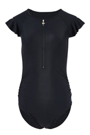 Product shot of the Zip Front One Piece in colour Black (Black), from the front