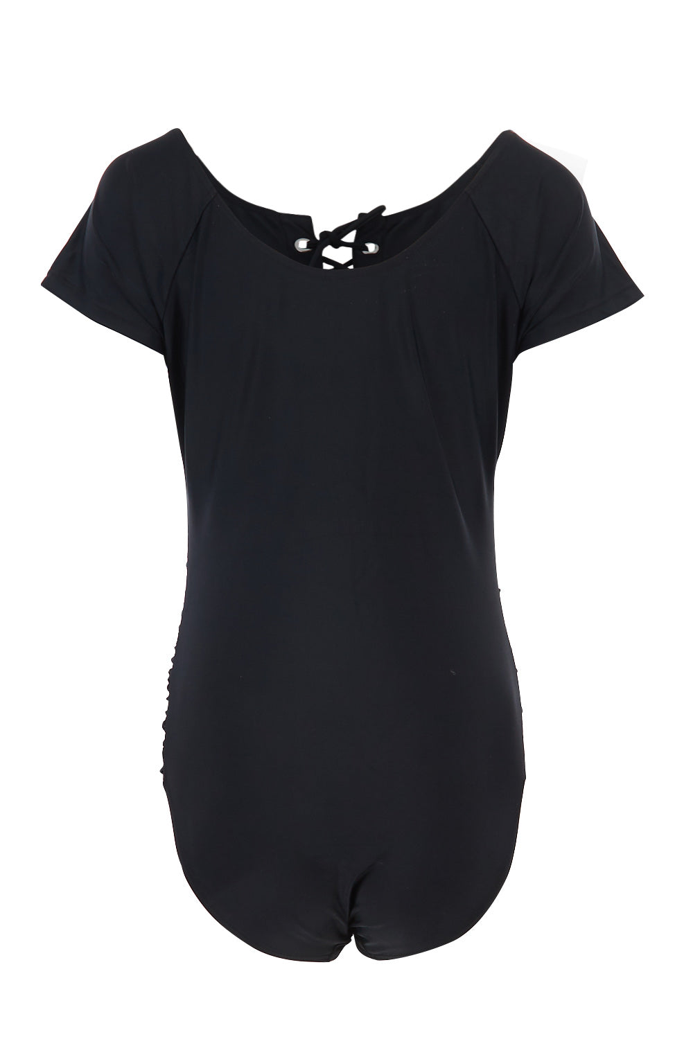 Product shot of the Short Sleeve Tie One Piece in colour Black (Black), from the back