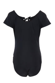 Product shot of the Short Sleeve Tie One Piece in colour Black (Black), from the back