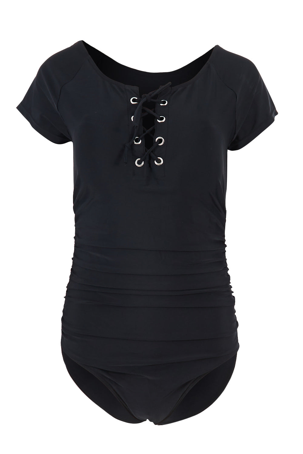 Product shot of the Short Sleeve Tie One Piece in colour Black (Black), from the front