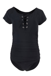 Product shot of the Short Sleeve Tie One Piece in colour Black (Black), from the front