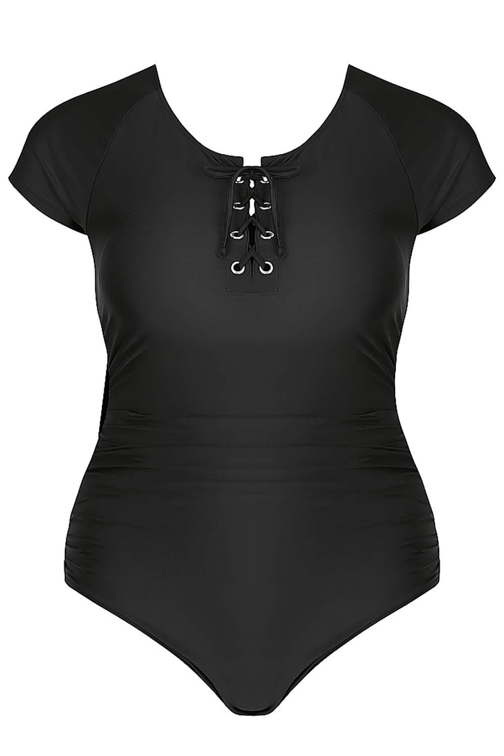 Product shot of the Short Sleeve Tie One Piece in colour Black (Black), from the front