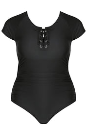 Product shot of the Short Sleeve Tie One Piece in colour Black (Black), from the front