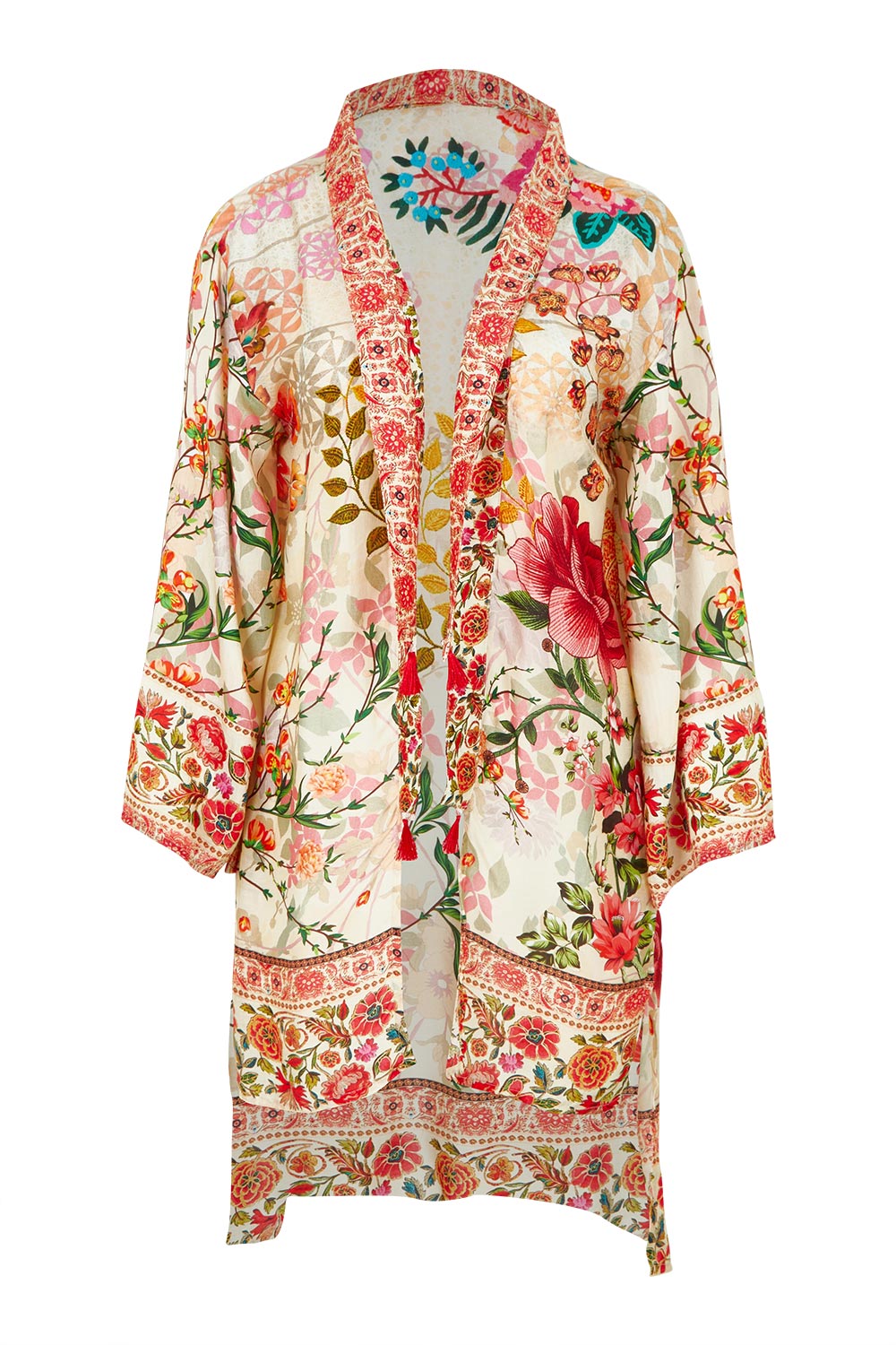 Product shot of the Rouge Bloom Kimono in colour Rouge, from the front
