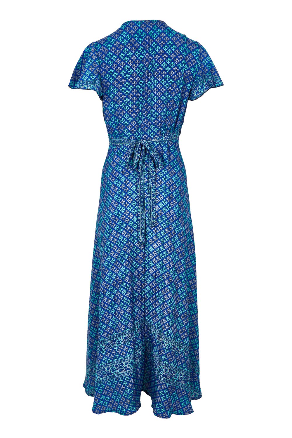 Product shot of the Pirrin Silk Blend Wrap Dress in colour Pirrin (Blue), from the back