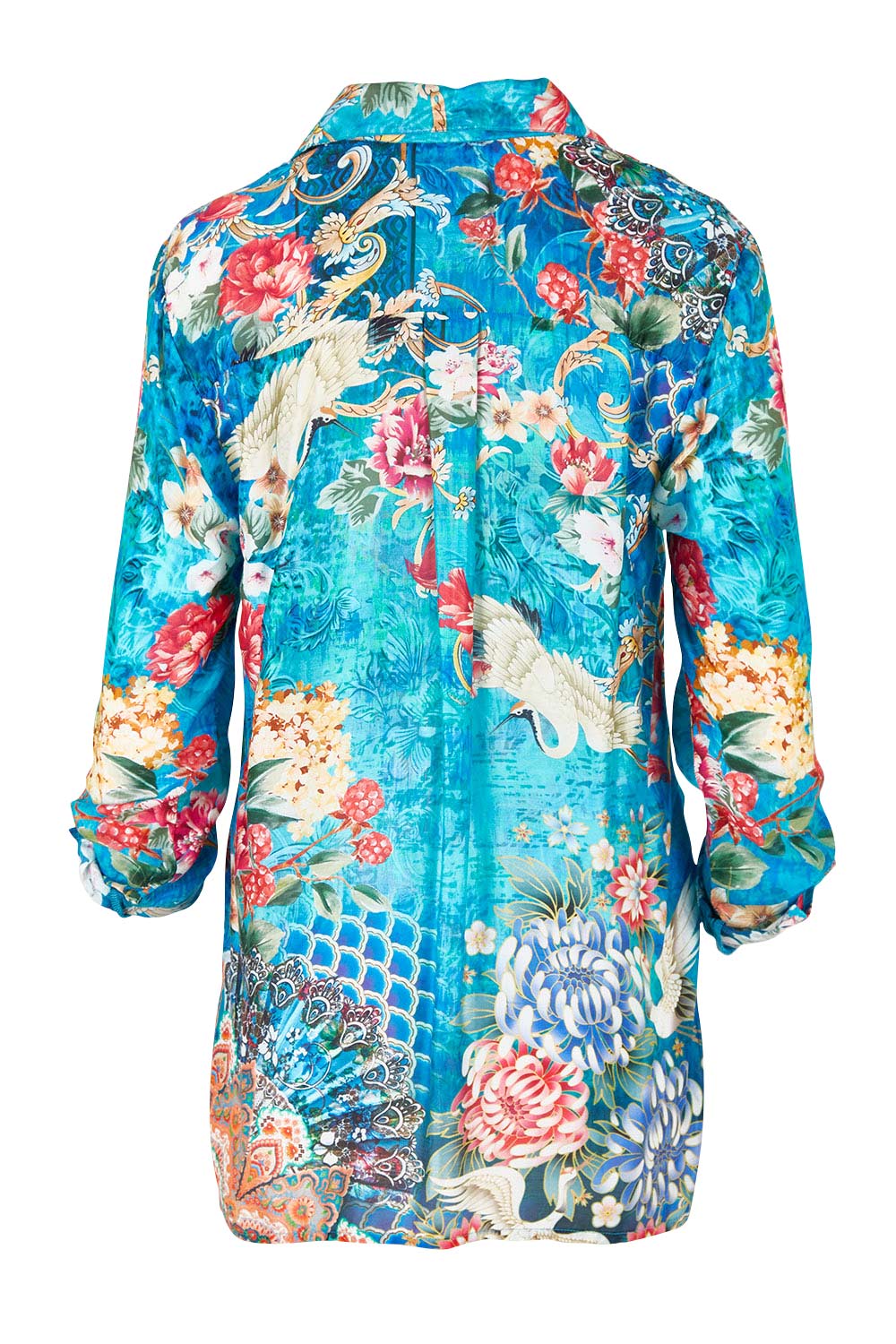 Product shot of the Floral Crane Shirt in colour Crane (Blue), from the back