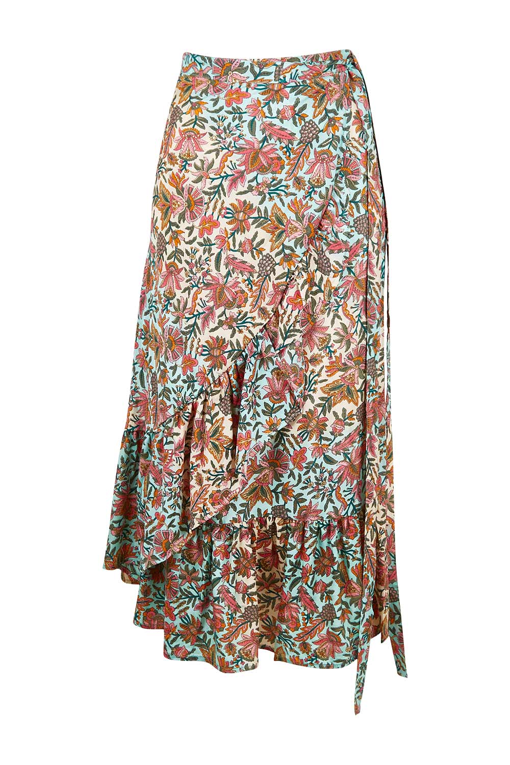 Product shot of the Eden Wrap Skirt in colour Eden (Blue), from the front