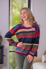 A model wearing the Stripe Sweater in colour Banff, from the front, showing the whole outfit