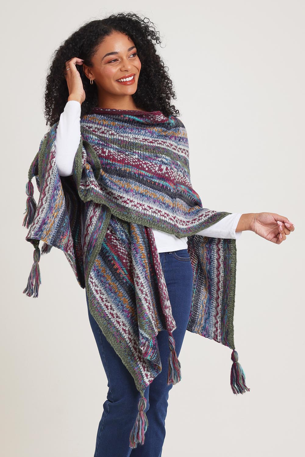 Model Ziara wearing the Lugano Wrap in colour Lugano (Blue), from the front, cropped image