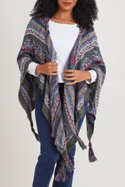 Model Ziara wearing the Lugano Wrap in colour Lugano (Blue), from the front, cropped image