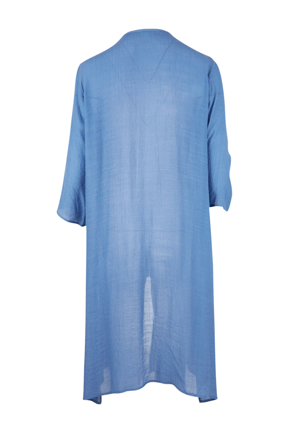 Product shot of the Long Cardi in colour Denim (Blue), from the back