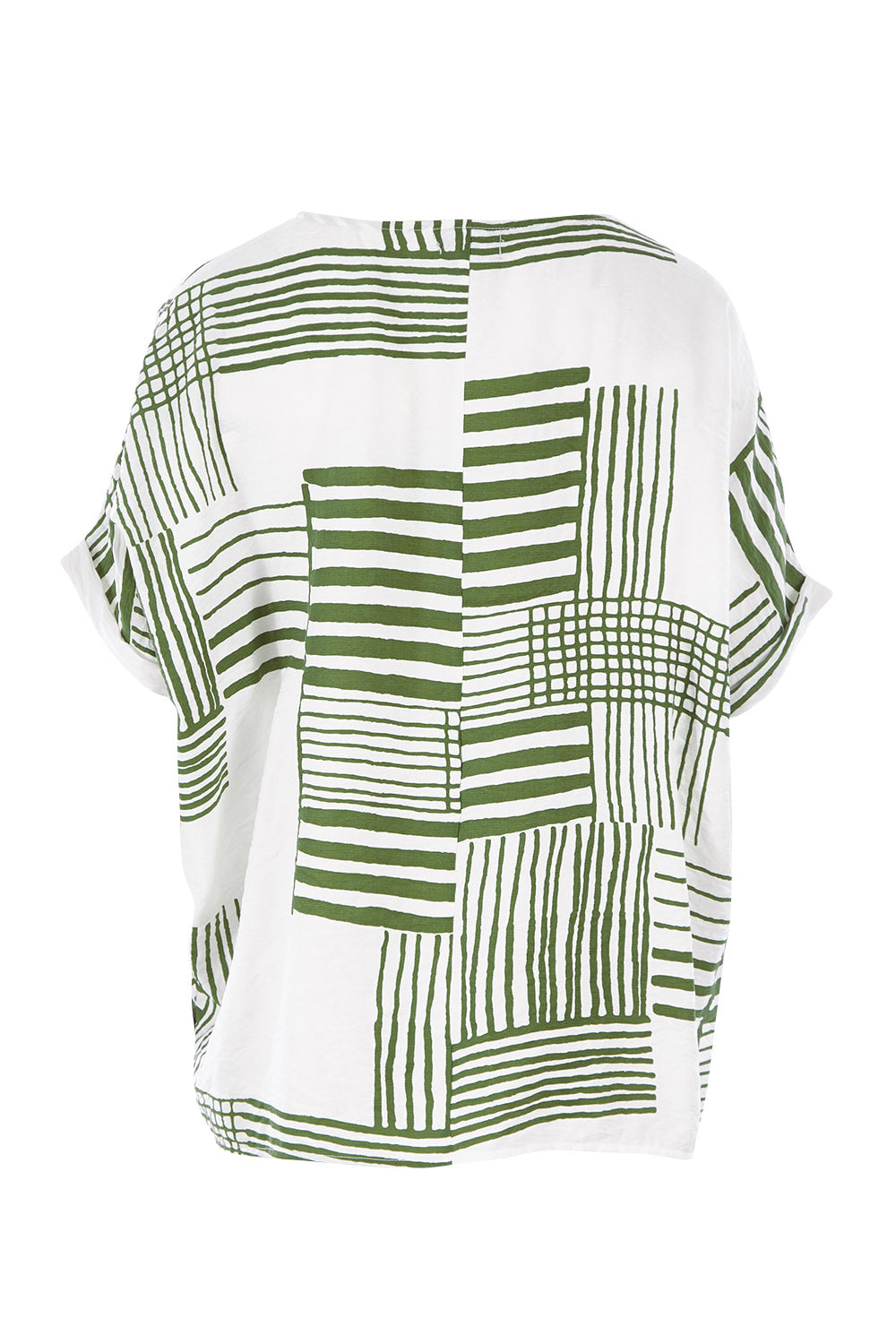 Product shot of the Random Stripe Print Top in colour Khaki (Green), from the back