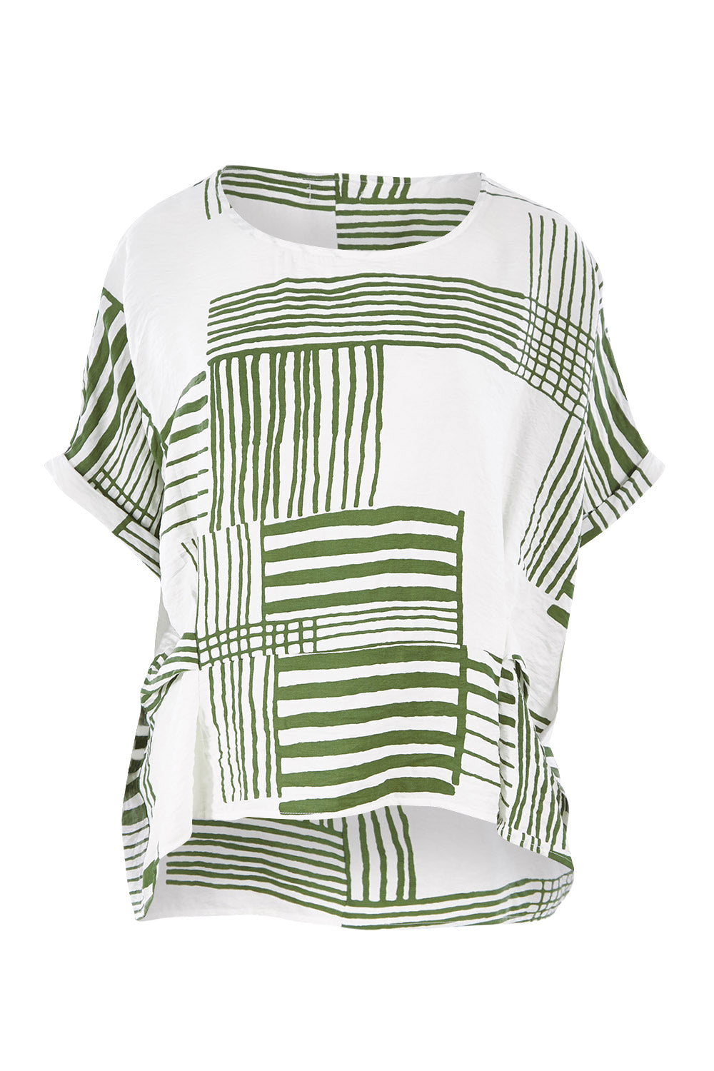 Product shot of the Random Stripe Print Top in colour Khaki (Green), from the front