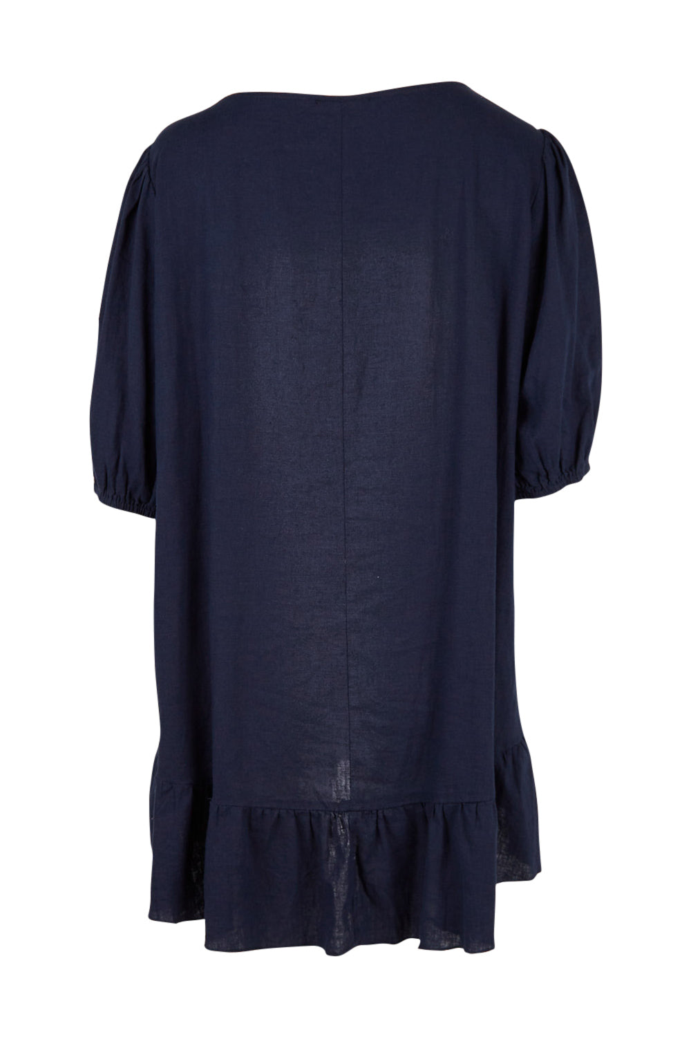 Product shot of the Linen Blend Ruffle Hem Top in colour Navy (Blue), from the back