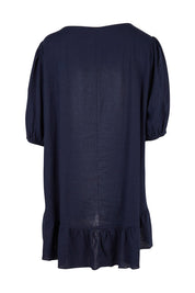 Product shot of the Linen Blend Ruffle Hem Top in colour Navy (Blue), from the back