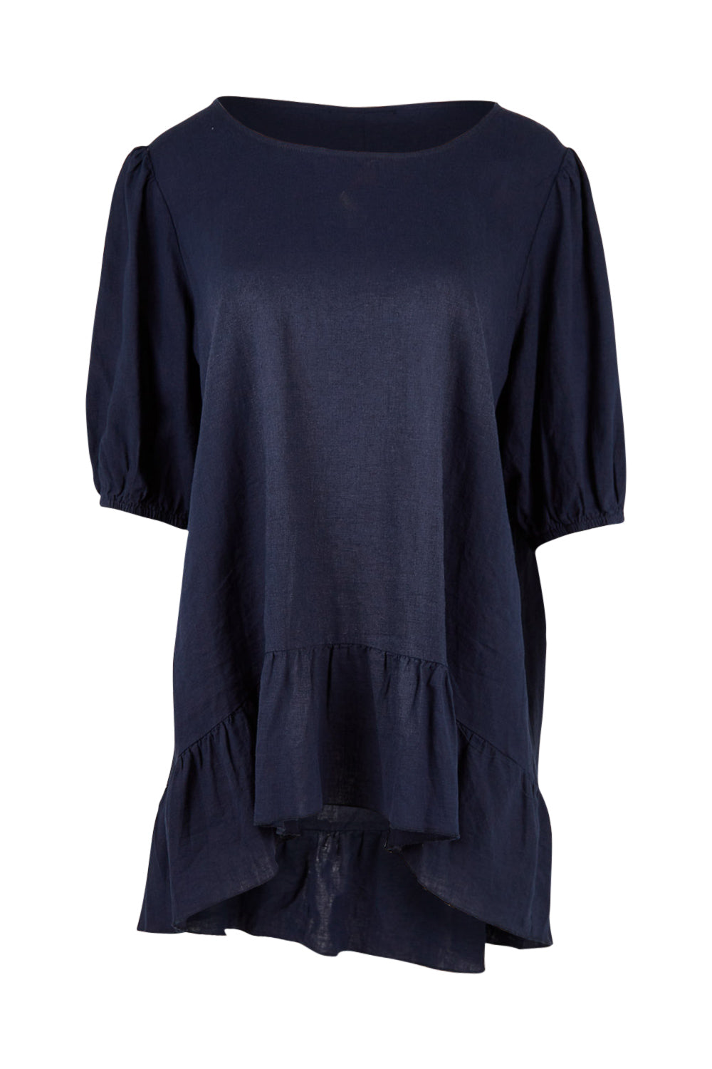 Product shot of the Linen Blend Ruffle Hem Top in colour Navy (Blue), from the front