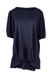 Product shot of the Linen Blend Ruffle Hem Top in colour Navy (Blue), from the front