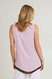 Model Grace wearing size S of the Layered Reversible Cami in colour Pinkchoc (Pink), from the back