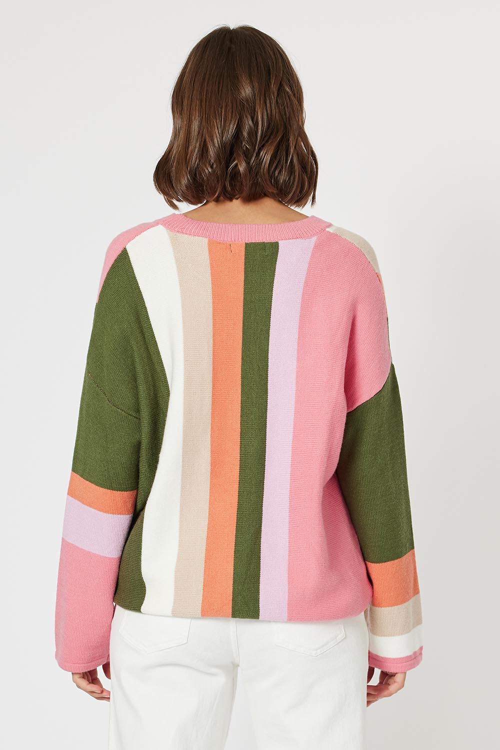 A model wearing the Indie Knit in colour Multi, from the back