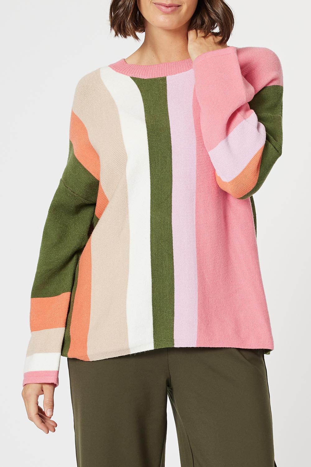 A model wearing the Indie Knit in colour Multi, from the front, cropped image