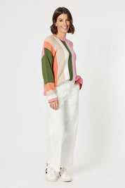 A model wearing the Indie Knit in colour Multi, from the front, showing the whole outfit