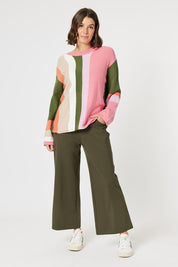 A model wearing the Indie Knit in colour Multi, from the front, showing the whole outfit