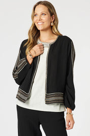 A model wearing the Cross Stitch Cotton Jacket in colour Black (Black), from the front, cropped image