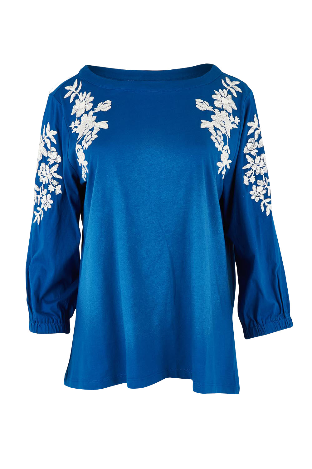 Product shot of the Jill Embroidered Cotton Tee in colour Blue (Blue), from the front