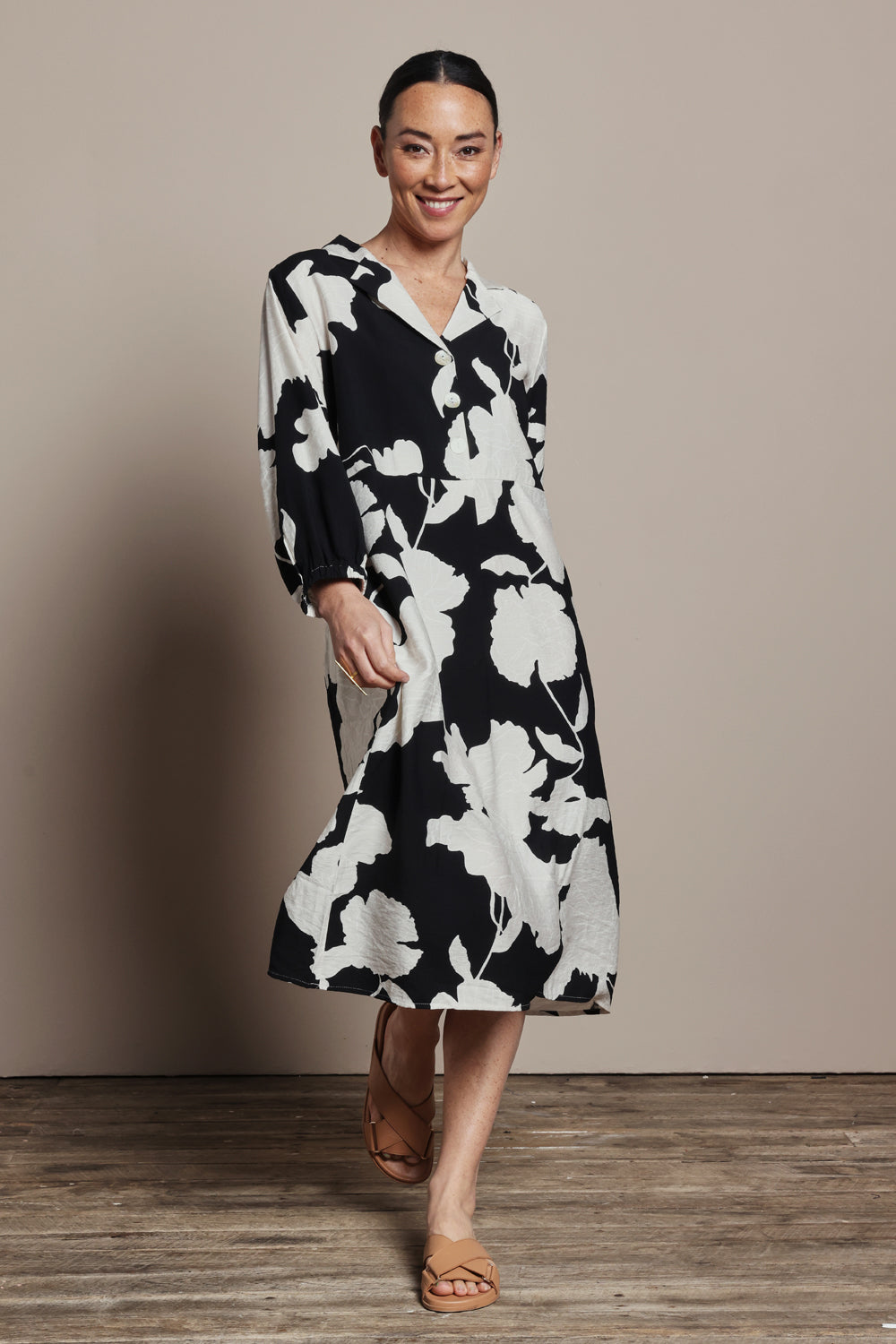 Model Katie wearing size S of the Barcelona Dress in colour Black, from the front, showing the whole outfit