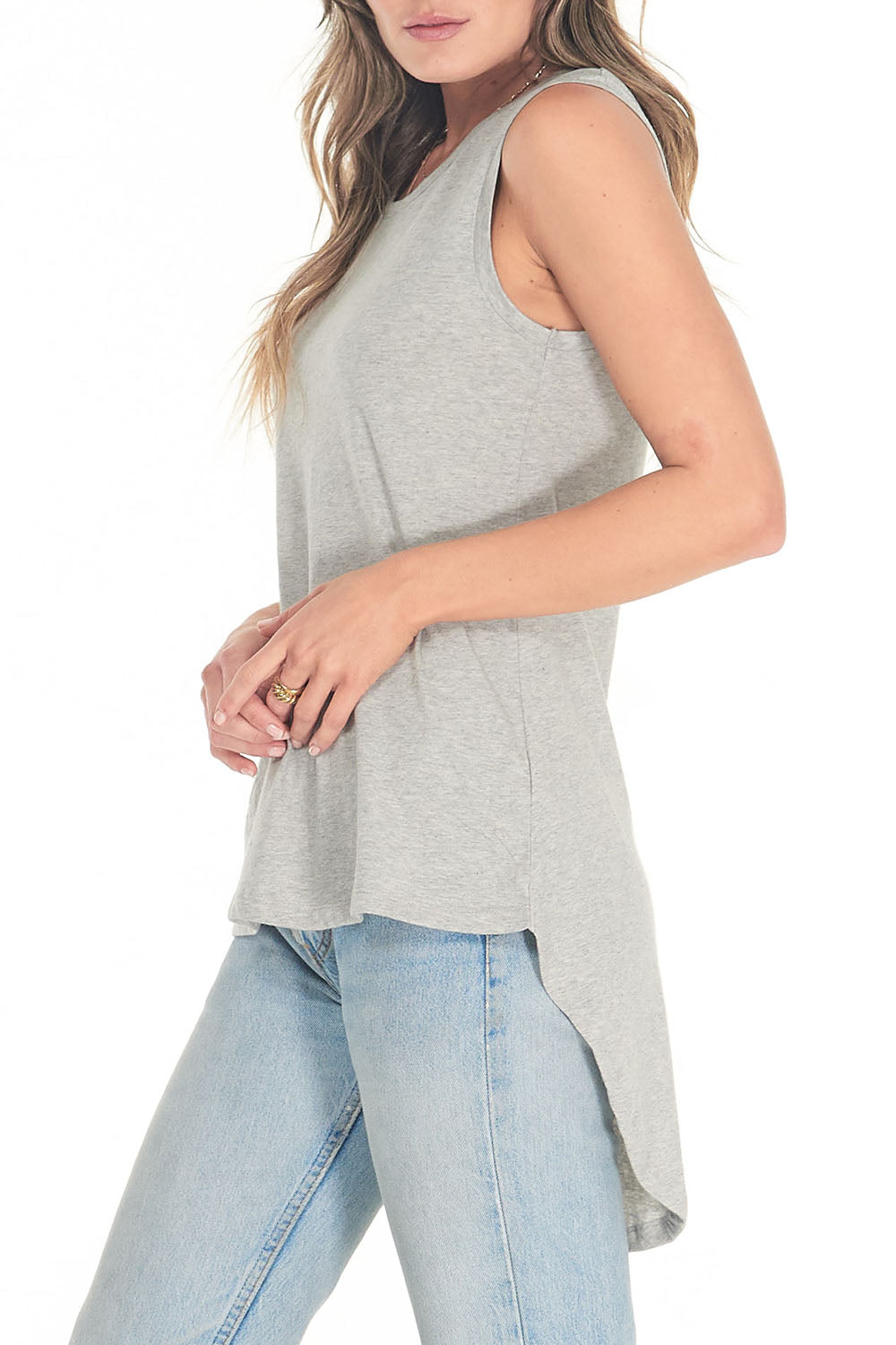A model wearing the Organic Cotton Amelia Tank in colour Greymarle (Grey), from the front, cropped image