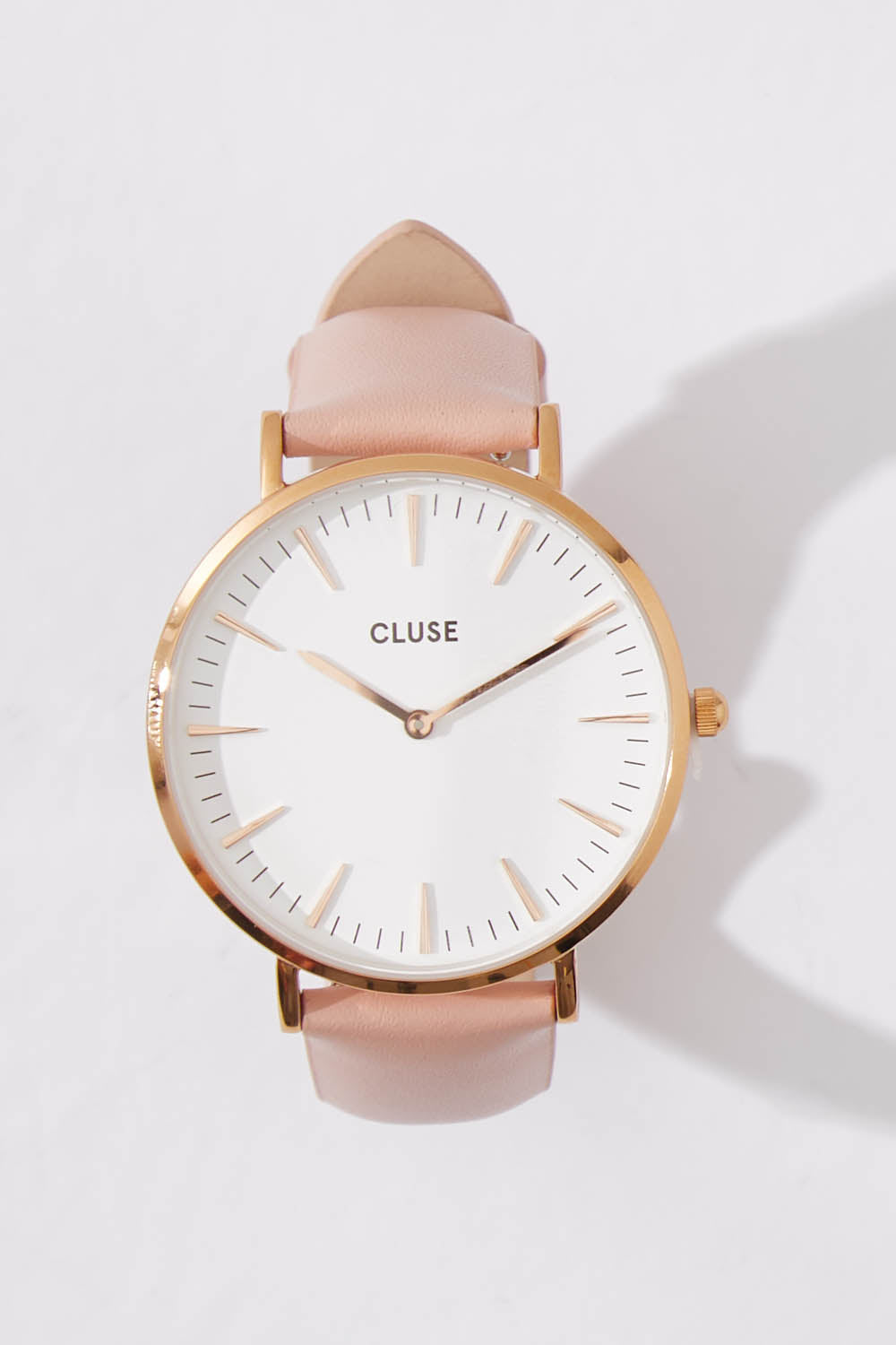 A model wearing size OneSize of the La Boheme Rose Gold Watch in colour WhitePink (Pink), from the front, showing the whole outfit