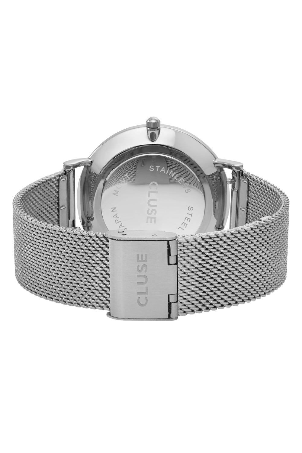 Product shot of the La Boheme Mesh Watch in colour SilverWh (Metallics), from the back