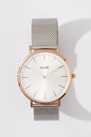 A model wearing size OneSize of the La Boheme Mesh Watch in colour RoseGoldSl (Metallics), from the front, showing the whole outfit