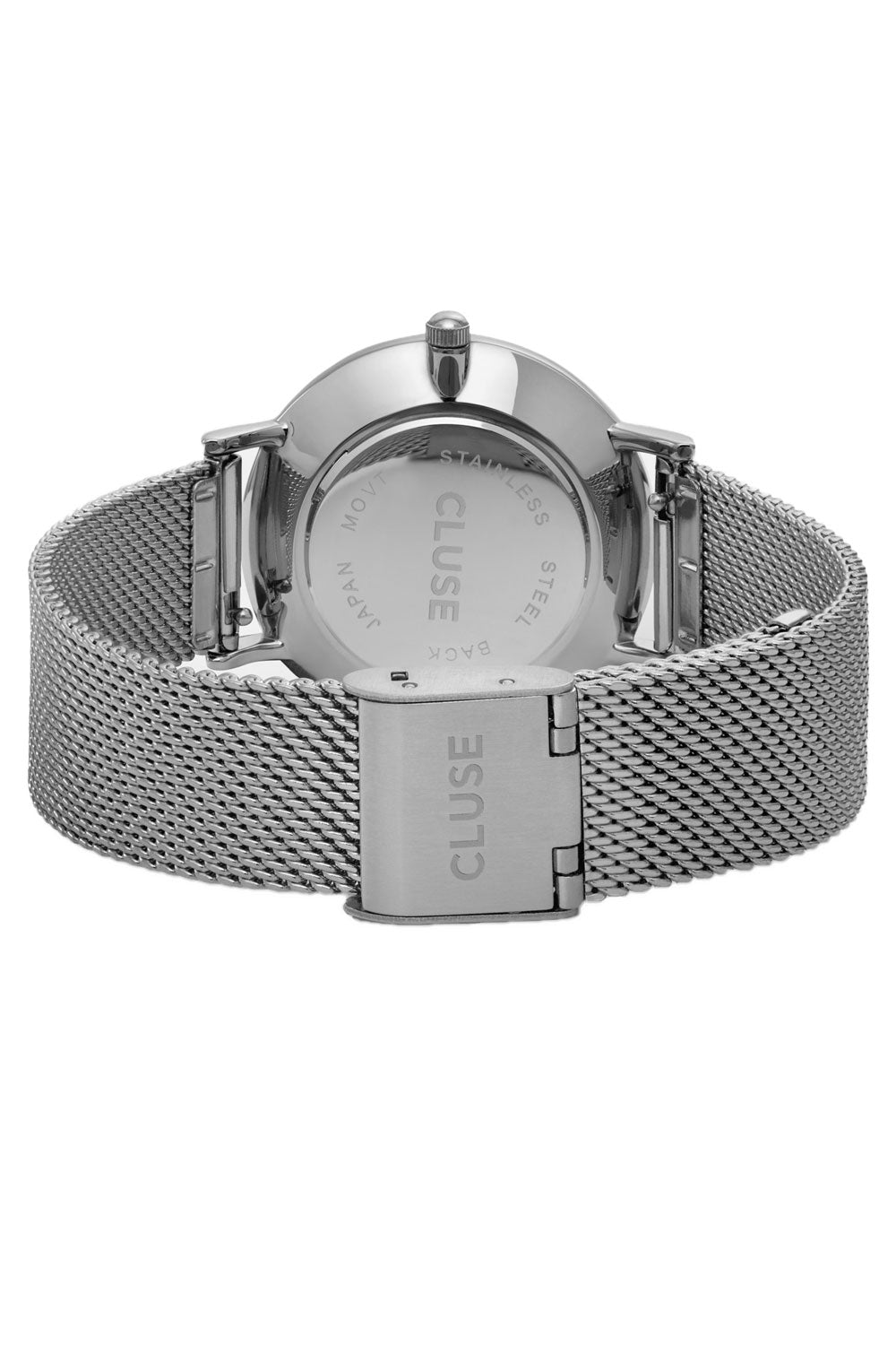 Product shot of the Minuit Mesh Watch in colour SilverWhit (Metallics), from the back