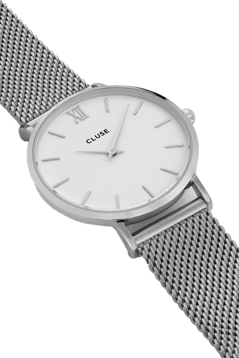 Product shot of the Minuit Mesh Watch in colour SilverWhit (Metallics), detail